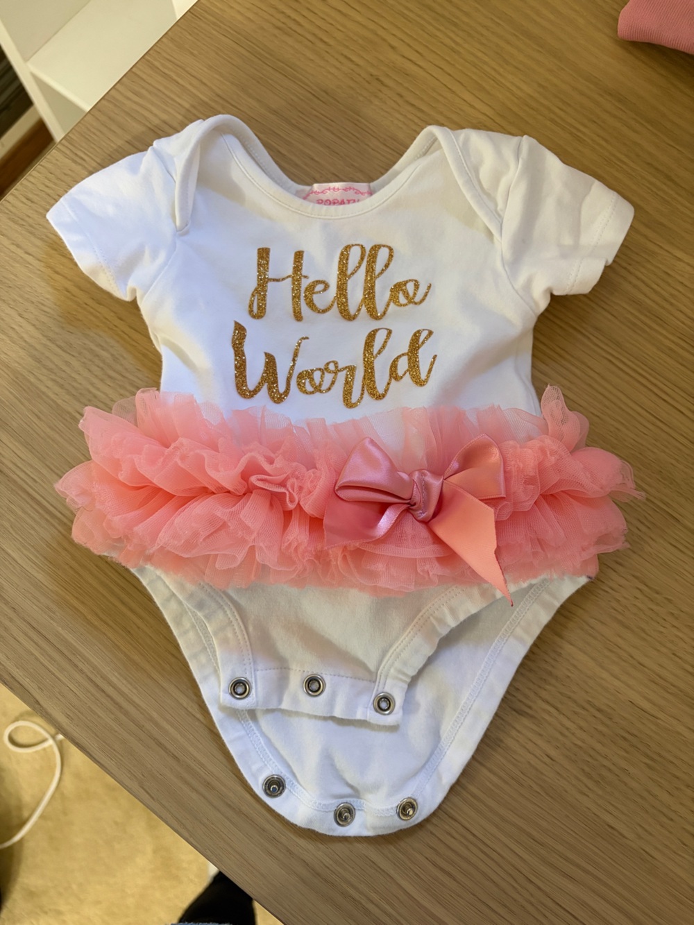Popatu White Bodysuit with Pink Tulle Ruffle & Gold Script